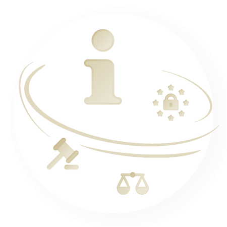 Icons Info I, Schloss, Waage und Richterhammer als Symbole für Datenschutz.