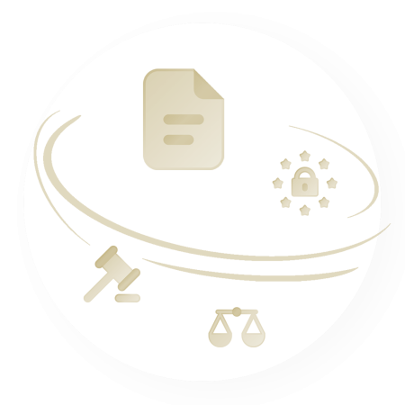 Icons Dokument mit Text, Schloss, Waage und Richterhammer als Symbole für Impressum.