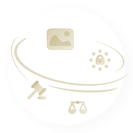 Icons Formen, Schloss, Waage und Richterhammer als Symbole für Bildnachweis.