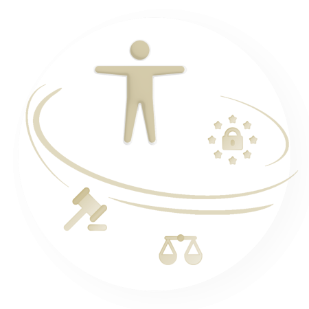 Icons Mensch (Inklusion), Schloss, Waage und Richterhammer als Symbole für Impressum.