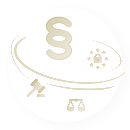 Icons Paragraph, Schloss, Waage und Richterhammer als Symbole für Datenschutz.