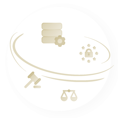 Icons Datenserver mit Einstellungsrad, Schloss, Waage und Richterhammer als Symbole für Impressum.