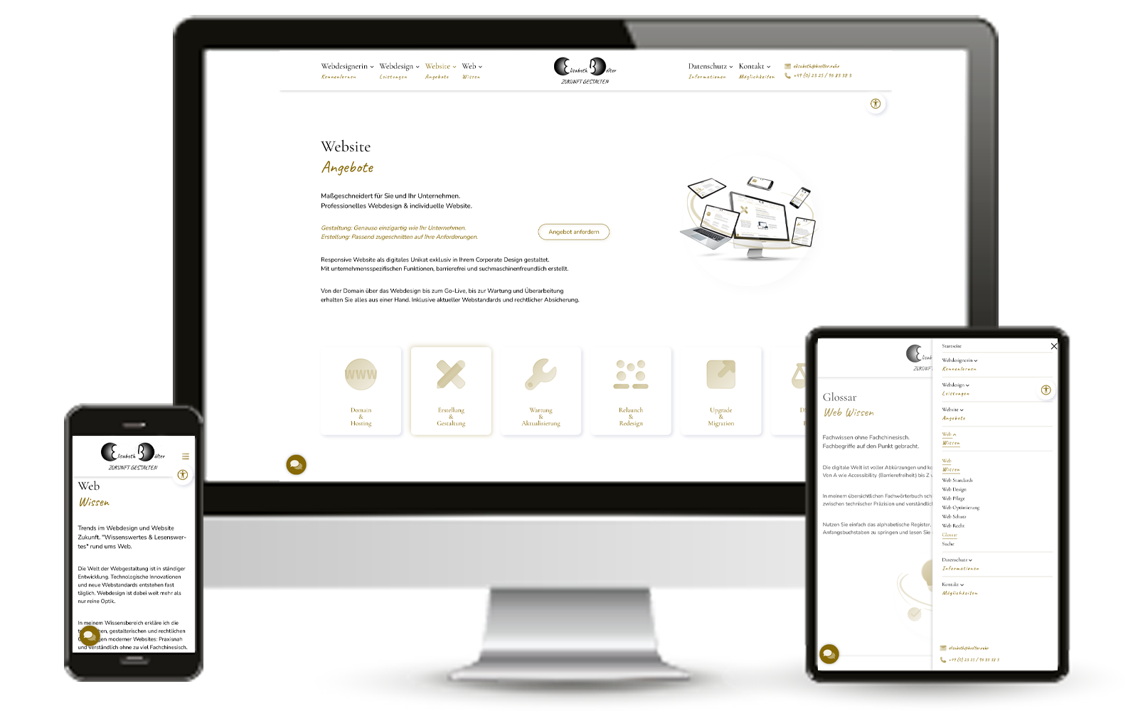 Website PC, Tablet und Handy mit einheitlichem Layout im Corporate Design.