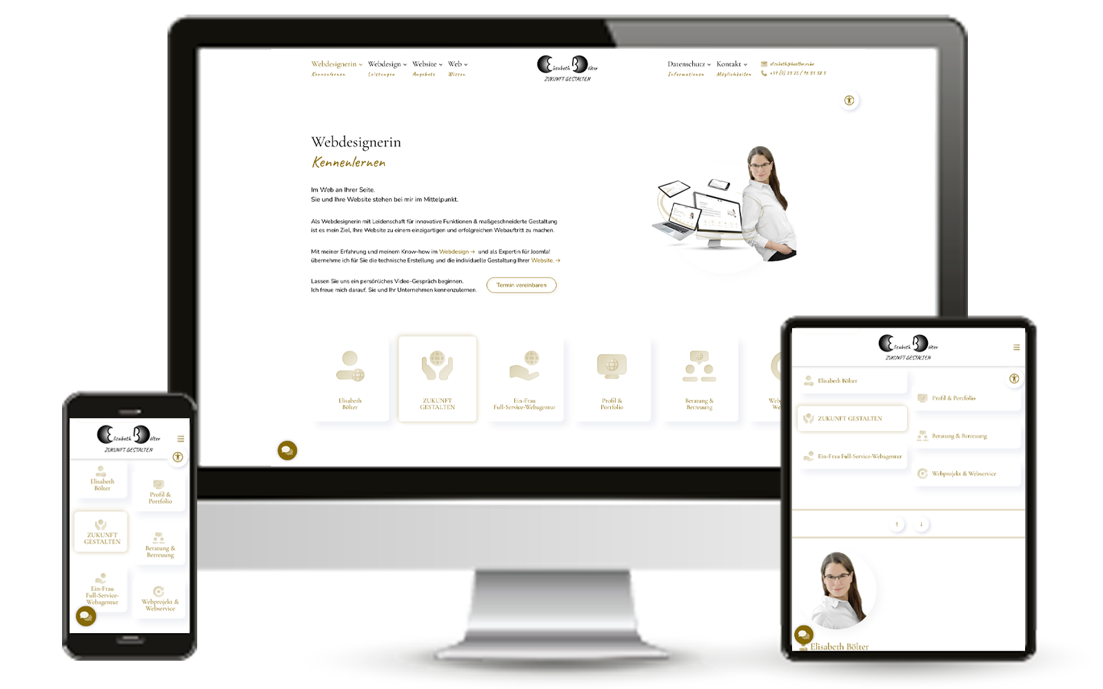 Website PC, Tablet und Handy mit einheitlichem Layout im Corporate Design.
