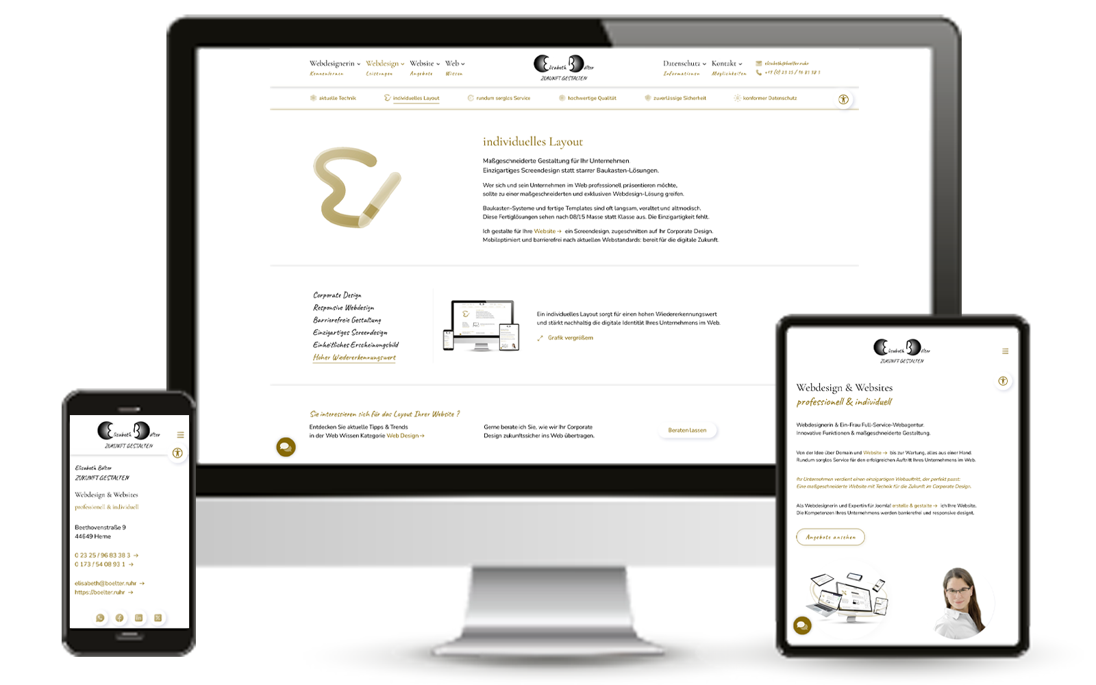 Website PC, Tablet und Handy mit individuellem Layout für hohen Wiedererkennungswert.