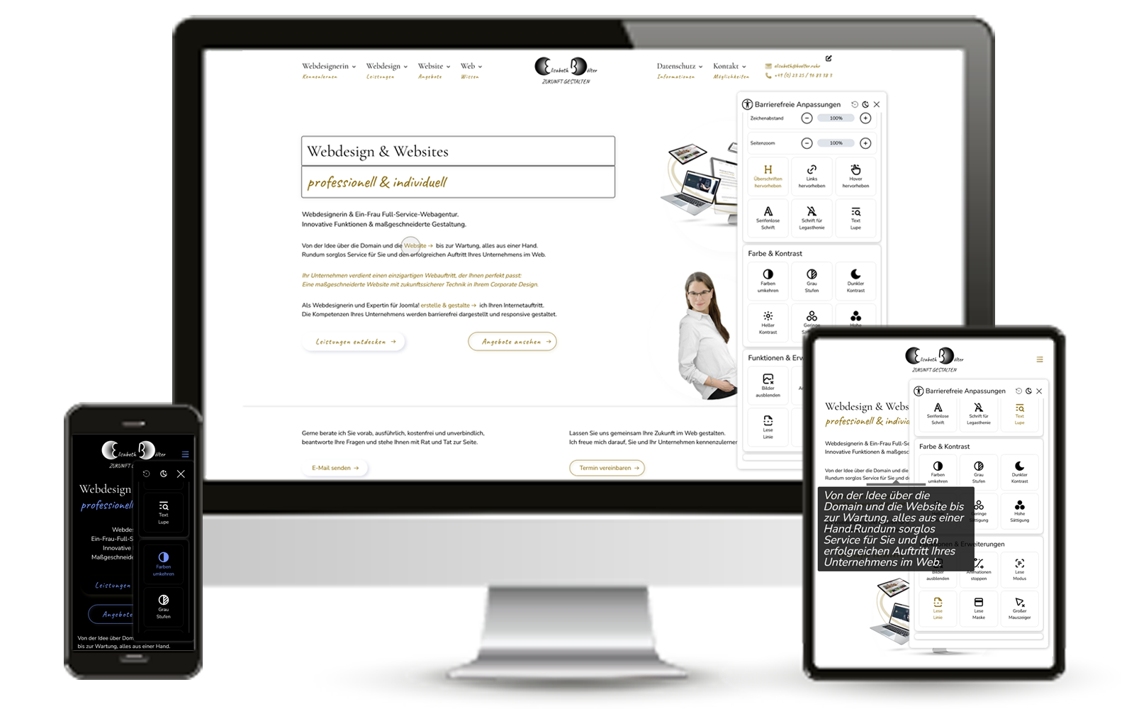 Website PC, Tablet und Handy mit aktiven Barrierefreiheit-Funktionen wie Leselupe, Lineal, Fokus.