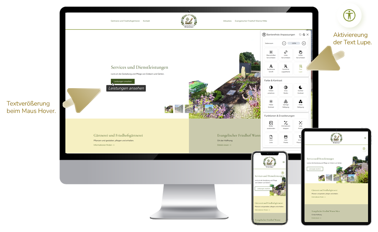 Screenshot der Website der Friedhofsgärtnerei Brümmer mit aktiver Text Lupe.