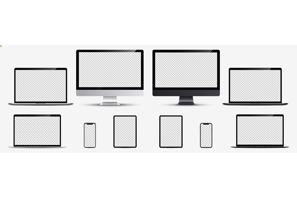 Bildschirme PC, Laptop, Tablet und Smartphone in silber und schwarz.