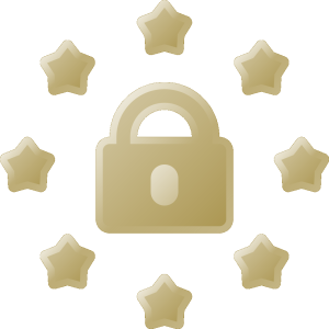 Icon goldfarbenes Schloss mit Sternen drum als Symbol für Datenschutz.