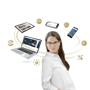 Elisabeth Böter, Websites auf Laptop, Tablet, Handy, Icons Schloss, Stift, Schutzschild, Werkzeug.