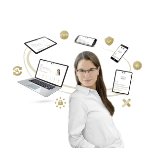 Elisabeth Bölter, Websites auf Laptop, Tablet, Handy, Icons Schloss, Stift, Schutzschild, Werkzeug.