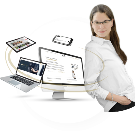 Elisabeth Böter neben Responsive Webdesign Beispielen auf PC, Laptop, Tablet und Smartphone.